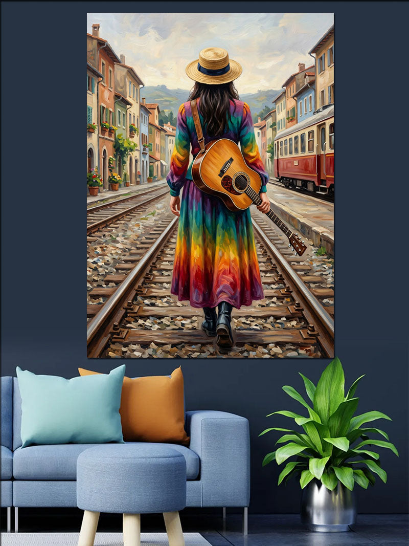 Tren Rayında Gitarlı Gökkuşağı Kadın Kanvas Tablo