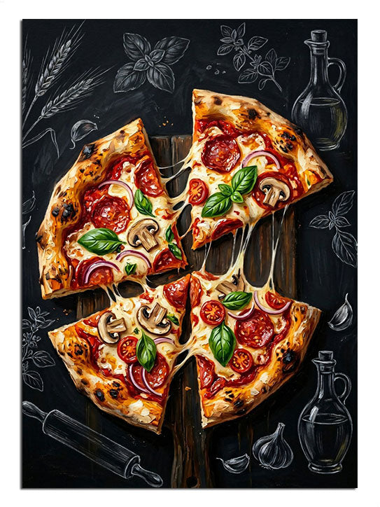 Siyah fonda üçgen pizza dilimleri ve malzemeler afişi tablosu.