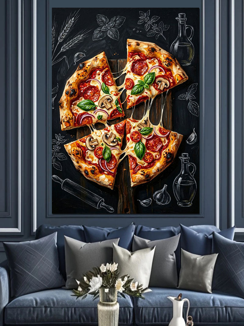 Peynirli Pizza Dilimleri ve Malzemeler Kanvas Tablo