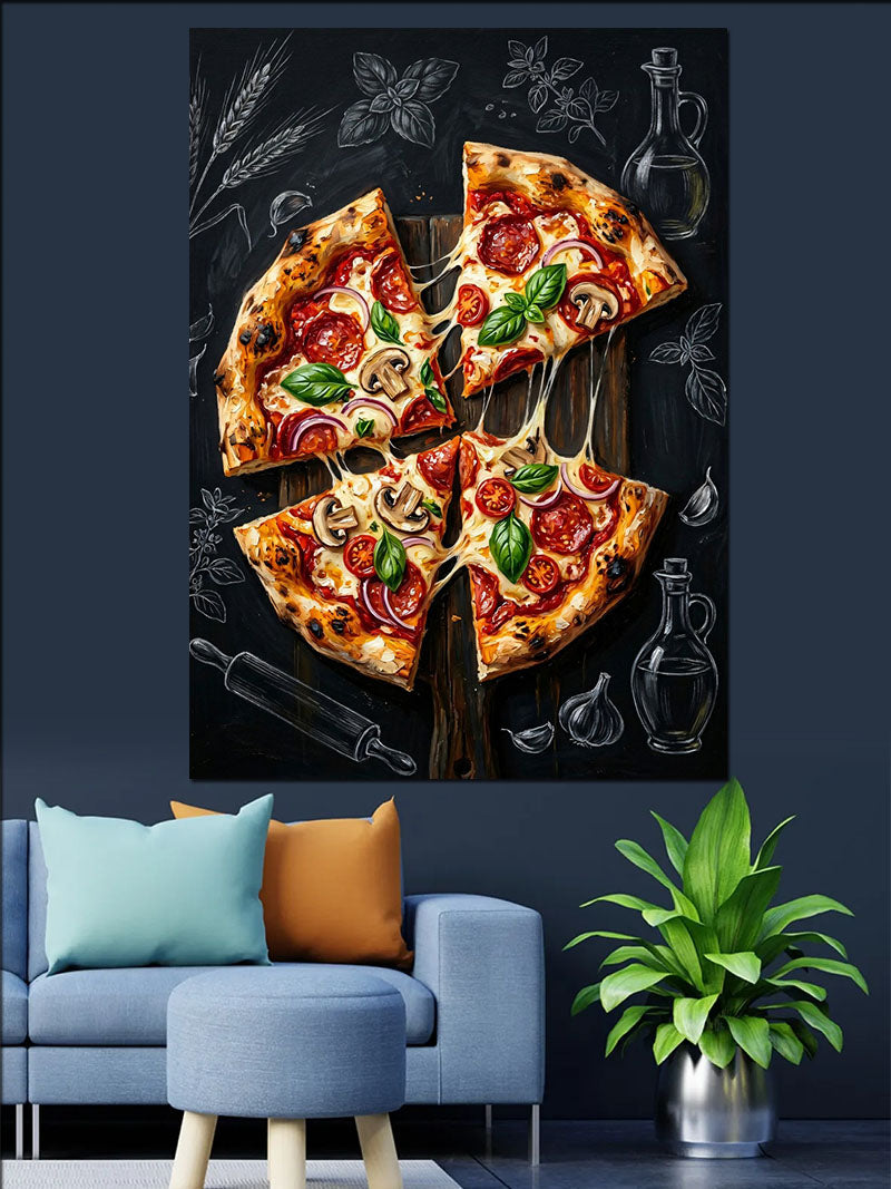 Peynirli Pizza Dilimleri ve Malzemeler Kanvas Tablo