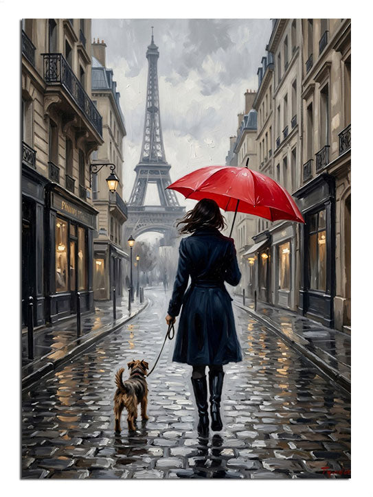 Yağmurlu Paris sokağında kırmızı şemsiyeli ve köpekli kadın tablosu.
