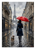 Yağmurlu Paris sokağında kırmızı şemsiyeli ve köpekli kadın tablosu.