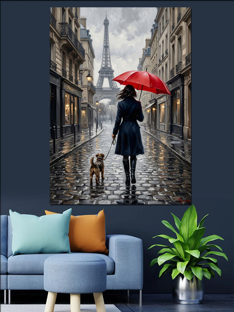 Kırmızı Şemsiyeli Paris Eyfel Sokağı Kanvas Tablo