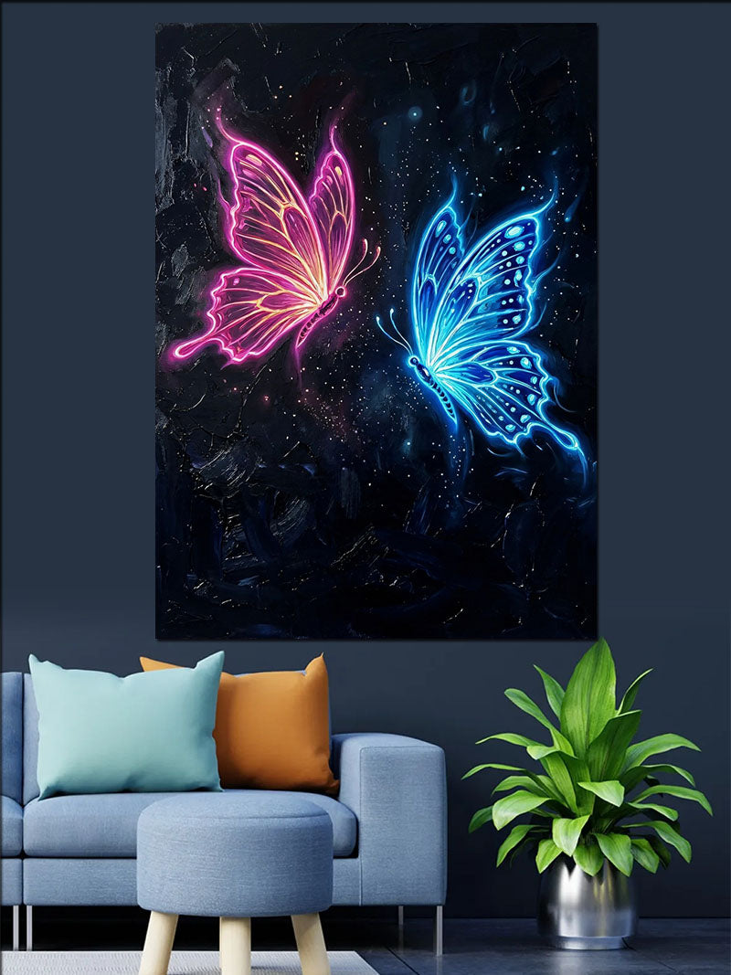 Gece Işıklı Neon Kelebekler Tablosu Kanvas Tablo