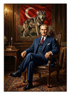 Duvarında kurt tablosu ve Türk bayrağı önünde oturan Atatürk portresi tablosu.