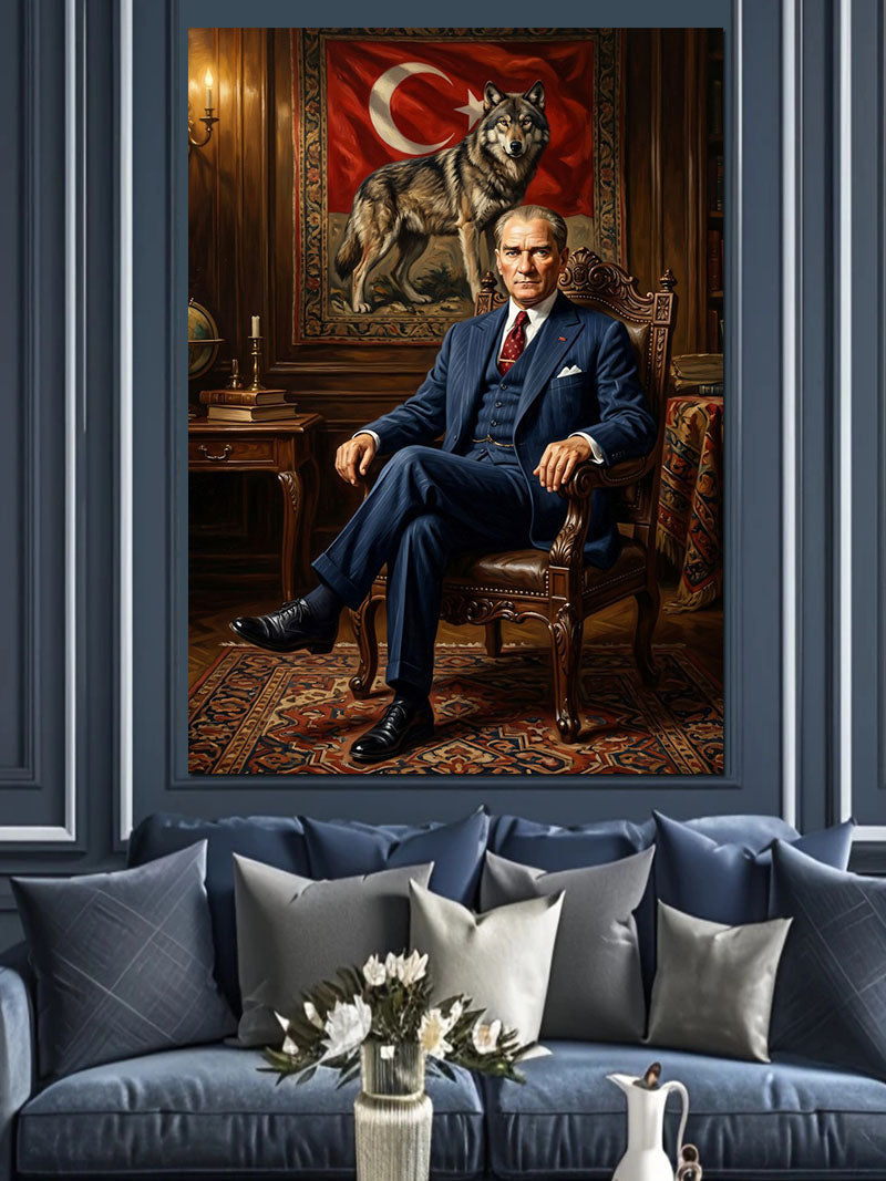 Kurt Tablosu Önünde Oturan Atatürk Kanvas Tablo