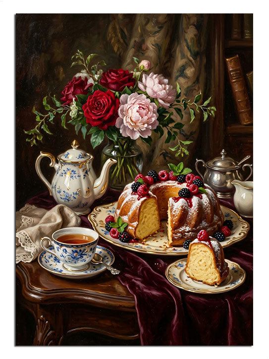 Gül vazolu masada meyveli pasta ve çay fincanları vintage tablosu.