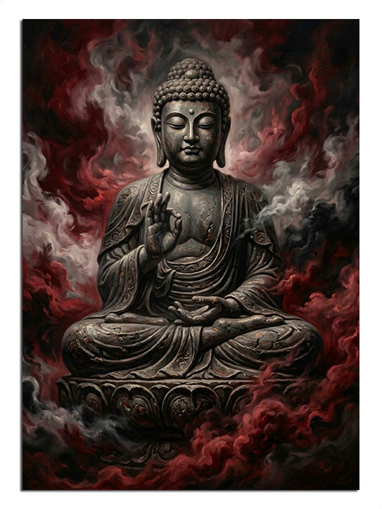 Kırmızı dumanlı fonda meditasyon yapan siyah Buda heykeli tablosu.