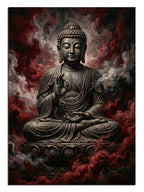 Kırmızı dumanlı fonda meditasyon yapan siyah Buda heykeli tablosu.
