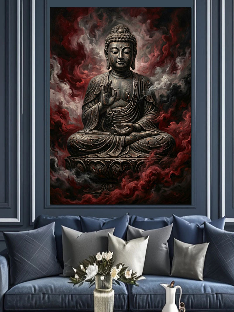 Kırmızı Dumanlı Meditasyon Buda Heykeli Kanvas Tablo