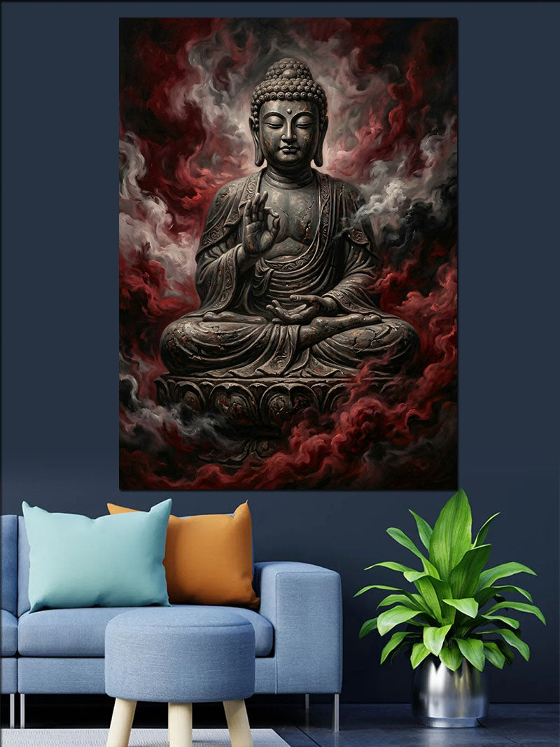 Kırmızı Dumanlı Meditasyon Buda Heykeli Kanvas Tablo