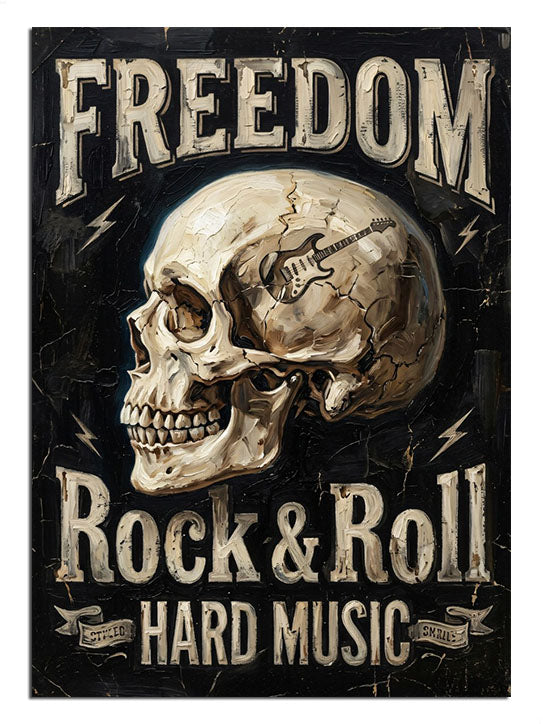 FREEDOM Rock & Roll yazılı kafatası vintage afiş tablosu.