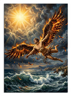 Güneş altında denize düşen yanan kanatlı Icarus tablosu.