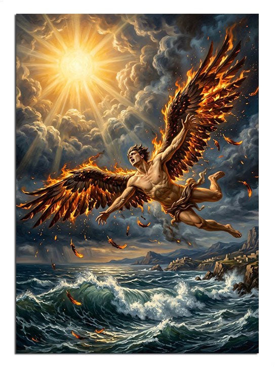 Güneş altında denize düşen yanan kanatlı Icarus tablosu.