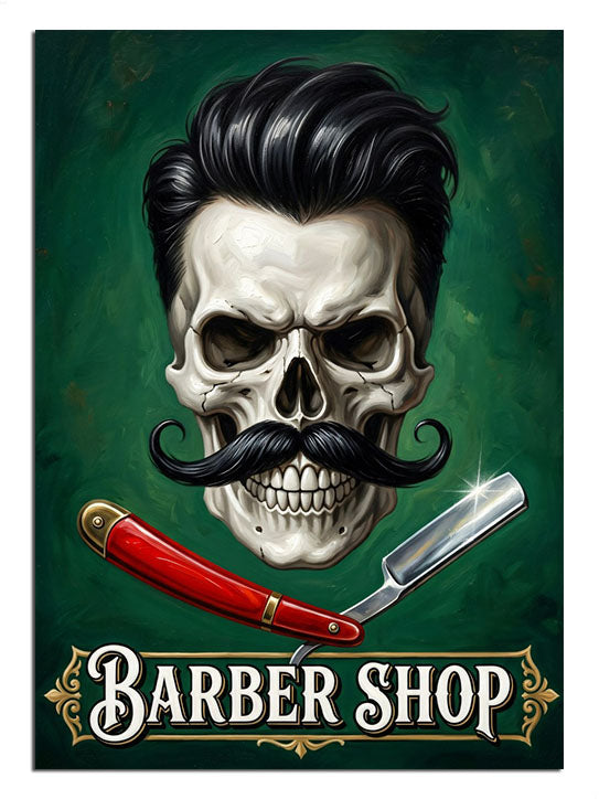 Yeşil fonda bıyıklı kafatası ve kırmızı usturalı barber shop tabelası tablosu.