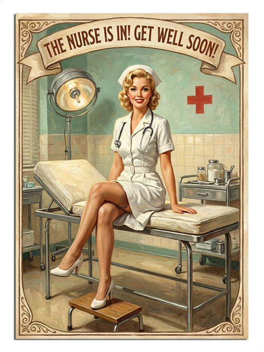 Muayene masasında oturan sarışın hemşire pin-up ikinci poz tablosu.