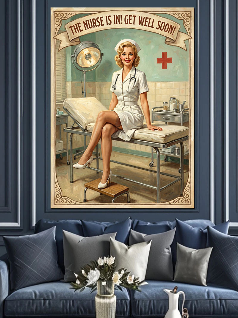 Beyaz Önlüklü Hemşire Pin-Up Poster Kanvas Tablo