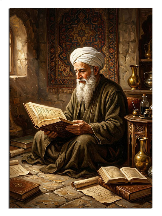 Halı ve kitaplarla dolu odada kitap okuyan sarıklı dede tablosu.