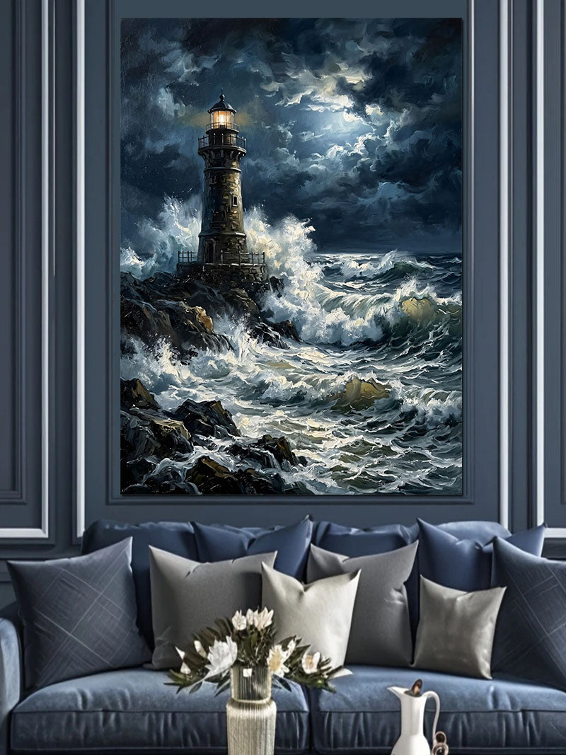 Fırtınalı Deniz Feneri Gece Tablosu Kanvas Tablo