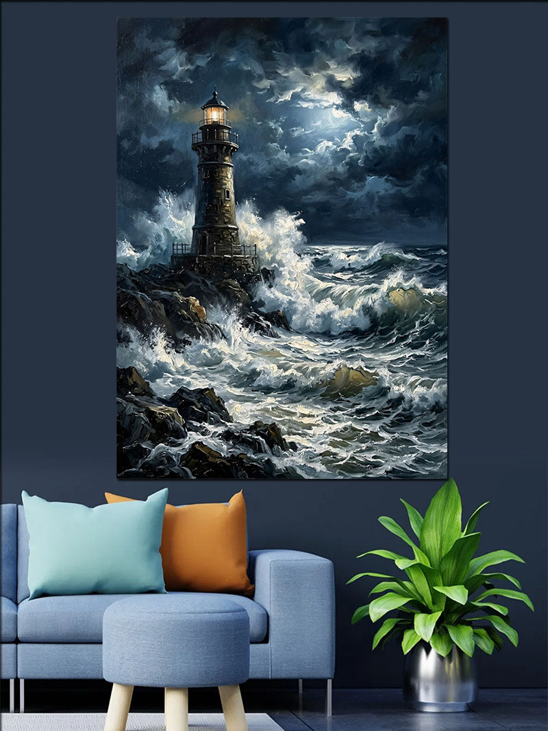 Fırtınalı Deniz Feneri Gece Tablosu Kanvas Tablo
