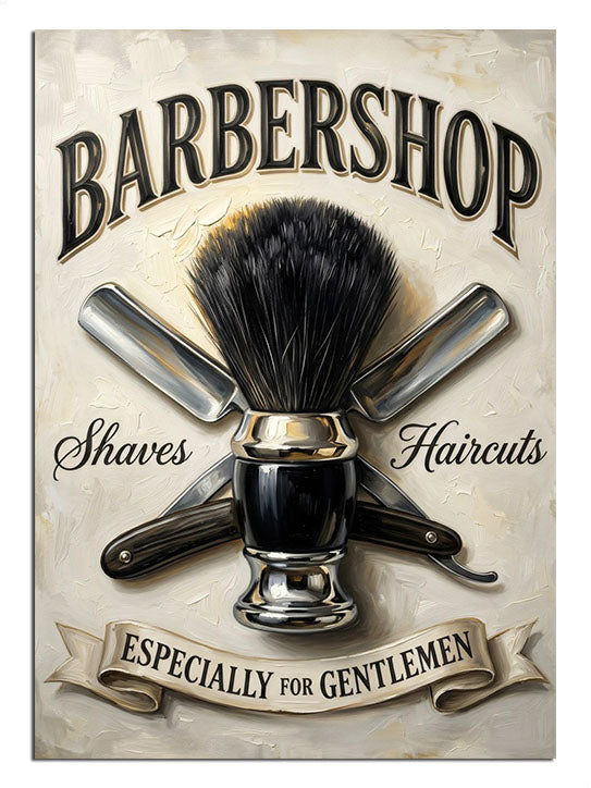 BARBERSHOP Shaves Haircuts yazılı berber fırçalı vintage tabela tablosu.