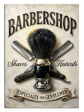 BARBERSHOP Shaves Haircuts yazılı berber fırçalı vintage tabela tablosu.