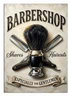 BARBERSHOP Shaves Haircuts yazılı berber fırçalı vintage tabela tablosu.