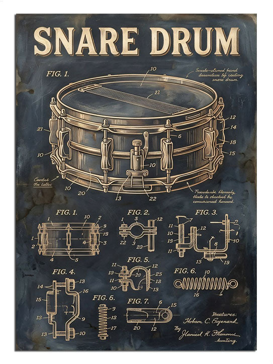 SNARE DRUM yazılı trampet davul teknik çizim vintage poster tablosu.