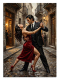 Gece sokakta tango yapan kırmızı elbiseli çift dans tablosu.