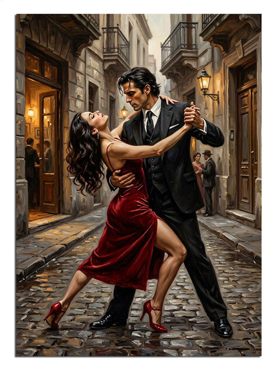 Gece sokakta tango yapan kırmızı elbiseli çift dans tablosu.