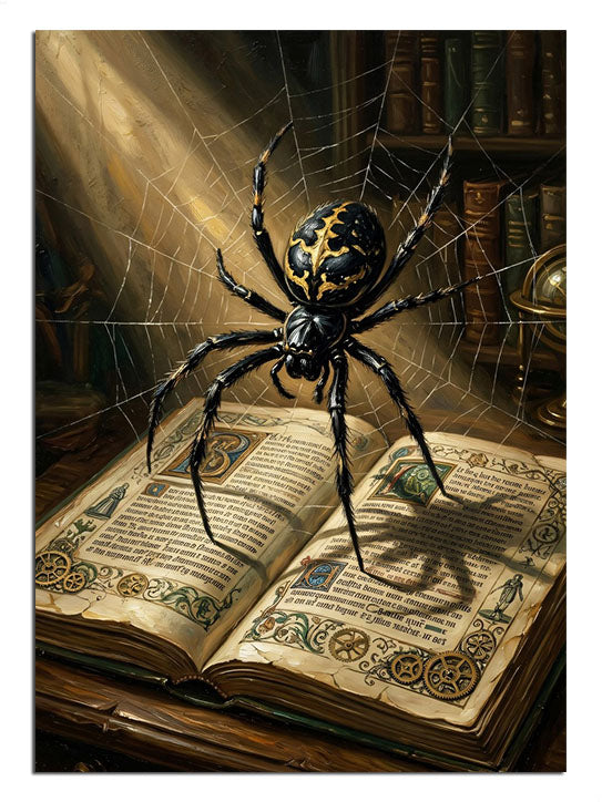 Eski kitap üzerinde ağ ören büyük örümcek gotik illüstrasyon tablosu.