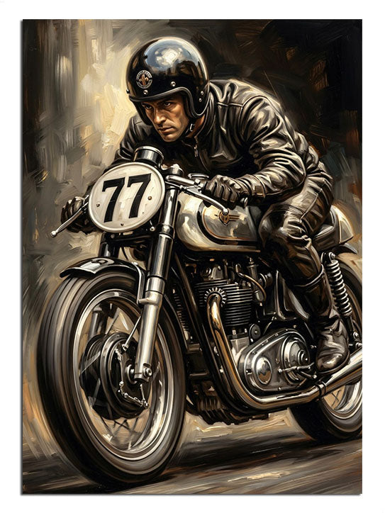 Yarış pistinde 77 numaralı motosiklet süren yarışçı tablosu.