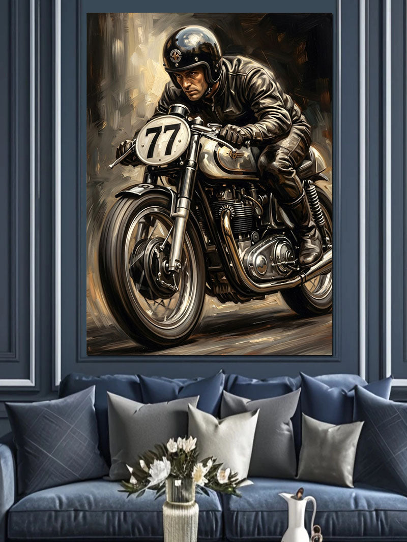 77 Numaralı Yarış Motosikleti Tablosu Kanvas Tablo