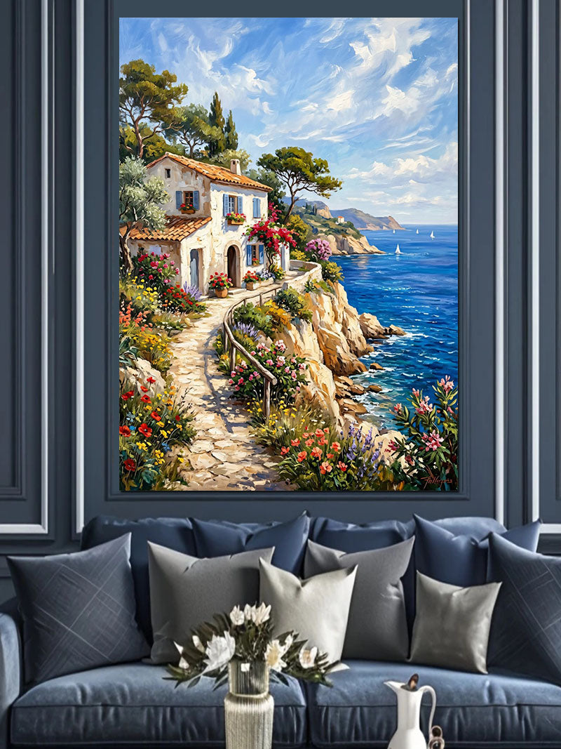 Deniz Manzaralı Çiçekli Sahil Evi Kanvas Tablo