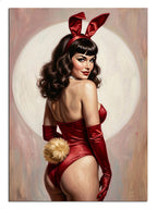 Kırmızı tavşan kostümlü ve tavşan kulaklı pin-up kız posteri.
