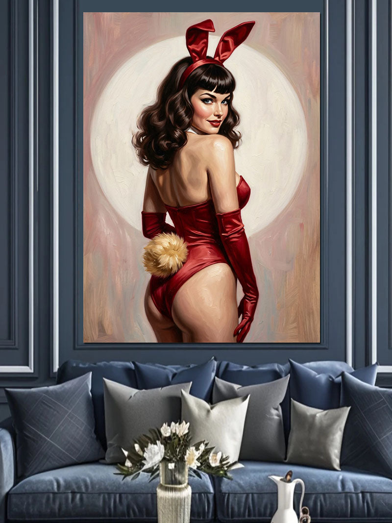 Kırmızı Tavşan Kostümlü Pin-Up Kız Kanvas Tablo