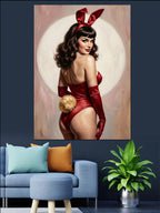 Kırmızı Tavşan Kostümlü Pin-Up Kız Kanvas Tablo