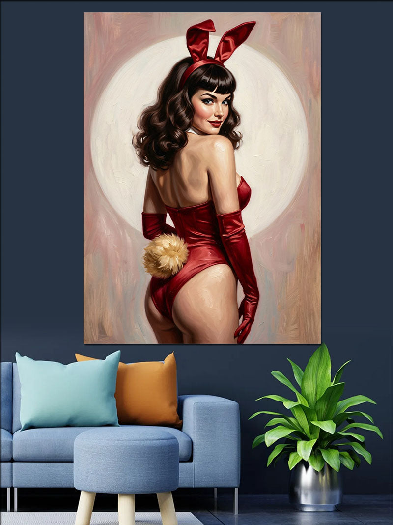Kırmızı Tavşan Kostümlü Pin-Up Kız Kanvas Tablo