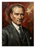 Kırmızı fon ve Türk bayraklı takım elbiseli Atatürk portre tablosu.