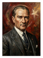 Kırmızı fon ve Türk bayraklı takım elbiseli Atatürk portre tablosu.