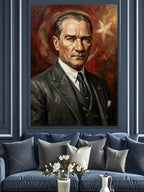 Kırmızı Fonlu Atatürk Takım Elbiseli Kanvas Tablo