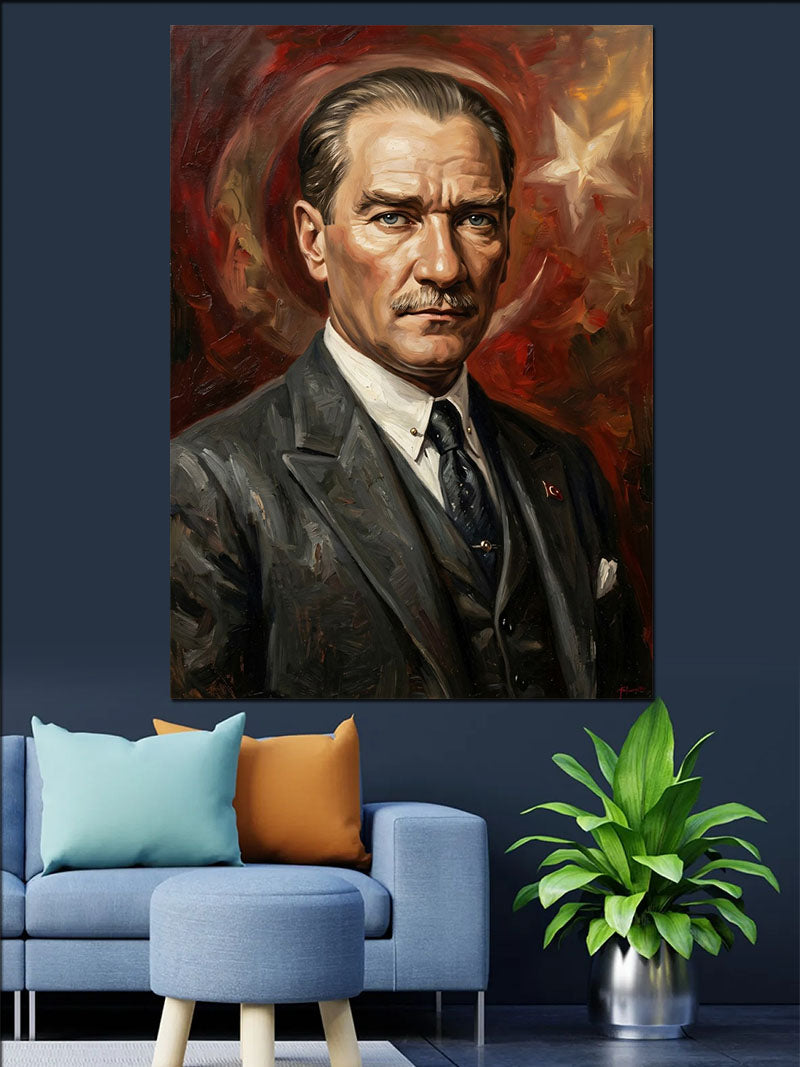 Kırmızı Fonlu Atatürk Takım Elbiseli Kanvas Tablo