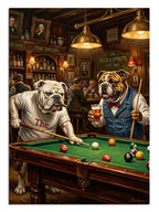Barda bilardo oynayan iki bulldog köpek eğlenceli illüstrasyon tablosu.