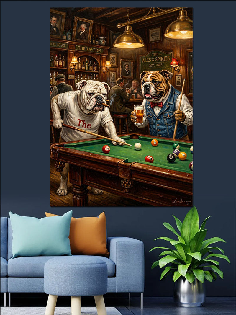 Bilardo Oynayan Bulldog Köpekleri Tablosu Kanvas Tablo
