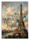 Paris Paris yazılı ve Eyfel Kulesi manzaralı vintage Paris poster tablosu.