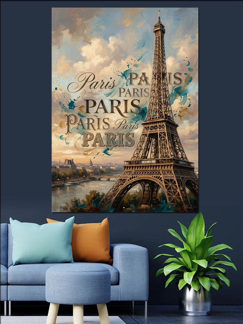 Eyfel Kulesi Paris Yazılı Poster Kanvas Tablo