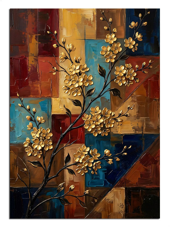 Renkli kareler üzerinde altın kabartma çiçek dalı patchwork tablo.