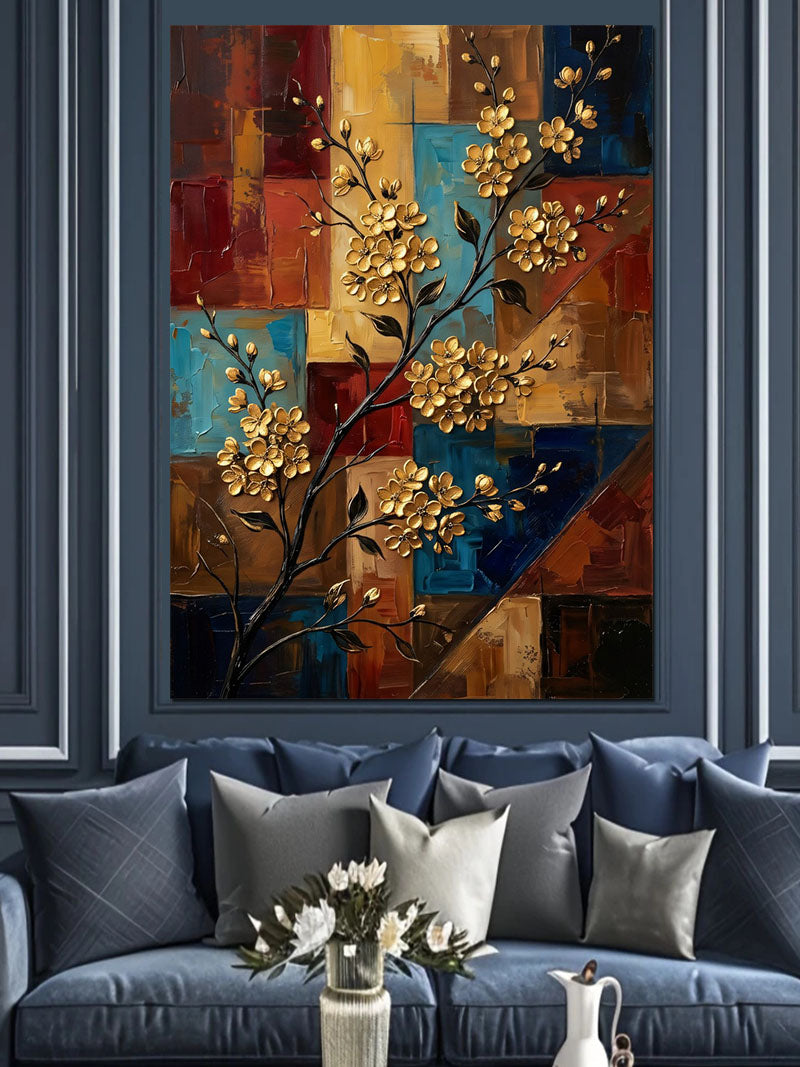 Altın Çiçekli Geometrik Patchwork Tablo Kanvas Tablo