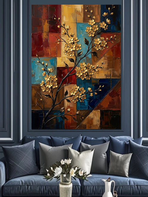 Altın Çiçekli Geometrik Patchwork Tablo Kanvas Tablo