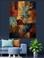 Altın Çiçekli Geometrik Patchwork Tablo Kanvas Tablo